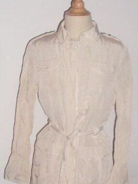 ELIE TAHARI button up shirt dress M epaulets safari military pockets belt cream